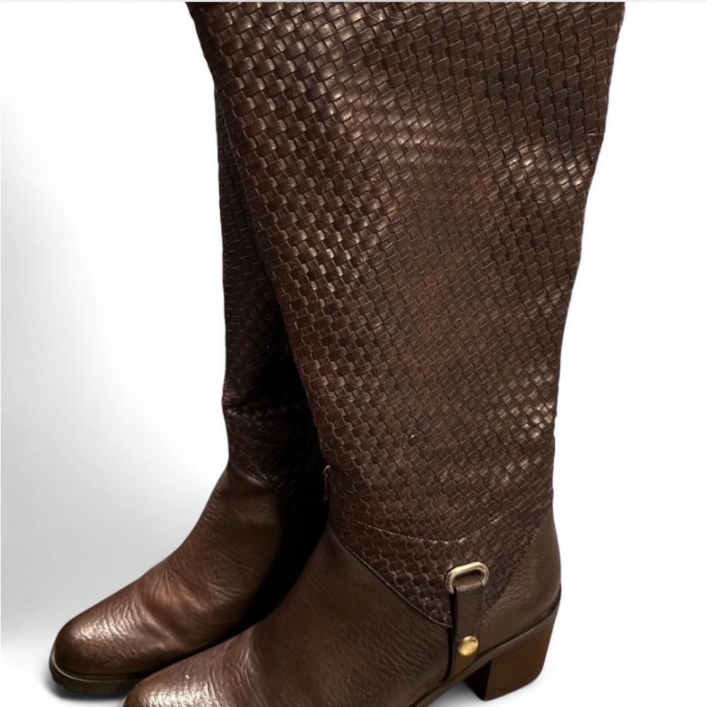 Brown Woven Leather Knee-High Boots